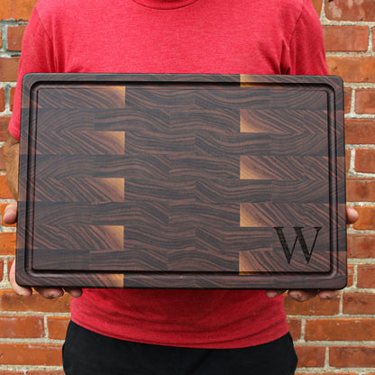 Large walnut end grain cutting board with juice groove and custom W monogram USA made on Tampa Home & Garden Store