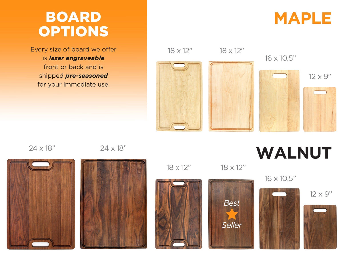 Personalized cutting boards in walnut and maple in multiple sizes with laser engraving options on Tampa Home & Garden Store