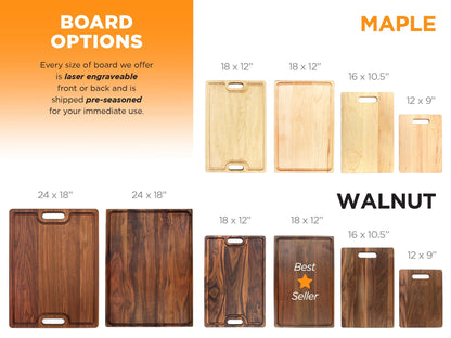 Personalized cutting boards in walnut and maple in multiple sizes with laser engraving options on Tampa Home & Garden Store