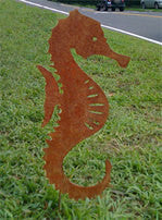 Rusted metal seahorse garden stake by Rustica Ornamentals for lawn decor on Tampa Home & Garden Store