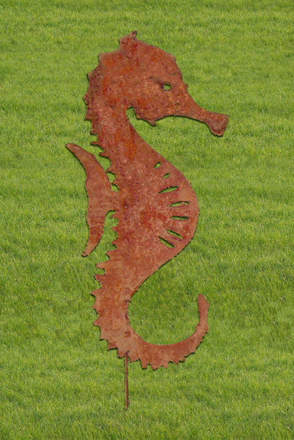Seahorse garden stake metal sculpture in rustic rust finish by Rustica Ornamentals on Tampa Home & Garden Store