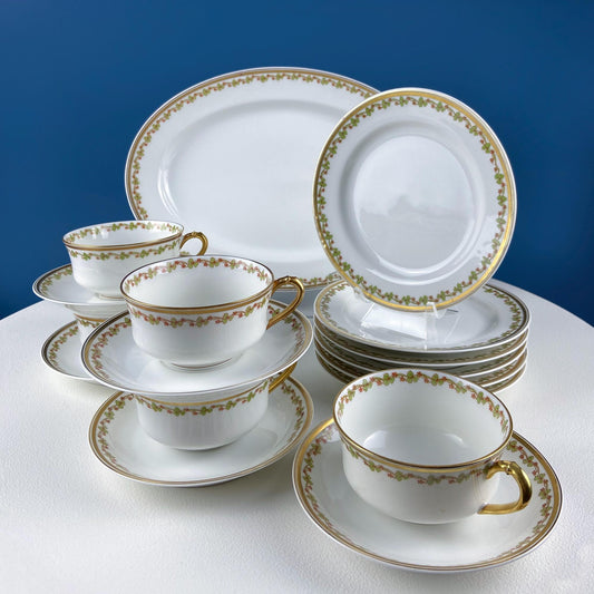 Antique Limoges Porcelain Tea Set with Clover Trim. Set of Six Dessert Plates, 5 Cups and Saucers, & Oval Serving Platter. Haviland France.