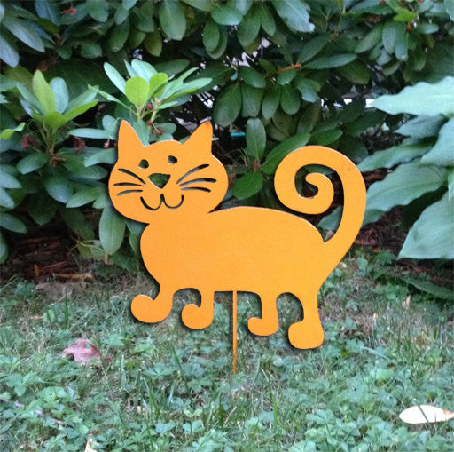 Cat garden stake orange metal silhouette with curling tail, Rustica Ornamentals lawn ornament on Tampa Home & Garden Store