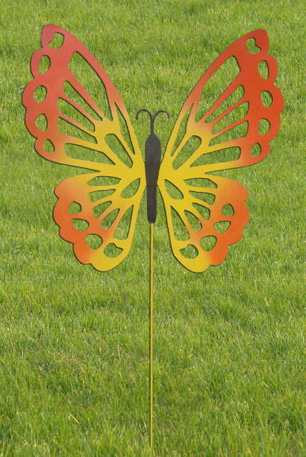 Butterfly Garden Stake Rustica Ornamentals, orange-yellow metal butterfly on a stake on Tampa Home & Garden Store