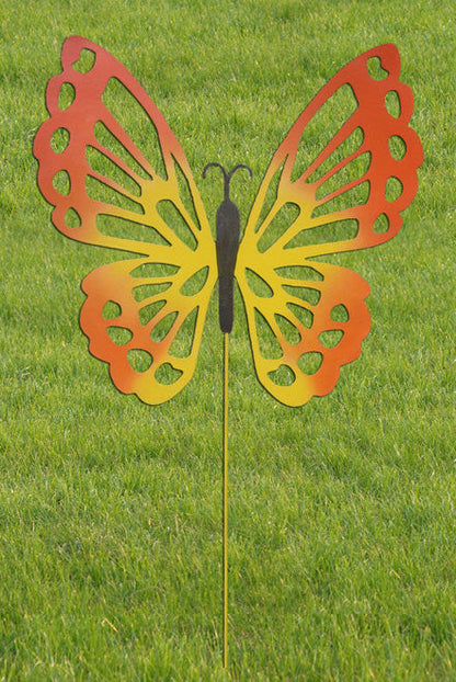 Butterfly Garden Stake Rustica Ornamentals, orange-yellow metal butterfly on a stake on Tampa Home & Garden Store