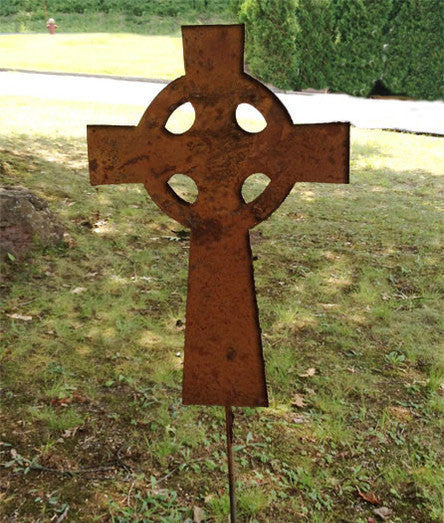 Garden cross metal yard decor with rusted finish and circular cutouts Rustica Ornamentals on Tampa Home & Garden Store