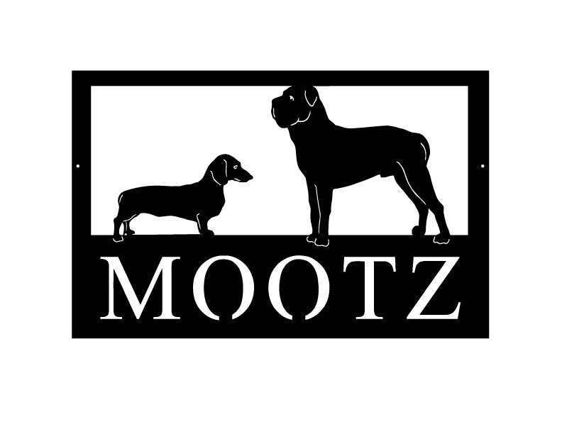Pet Welcome Sign - Personalized, black metal frame with dog silhouettes and MOOTZ branding on Tampa Home & Garden Store