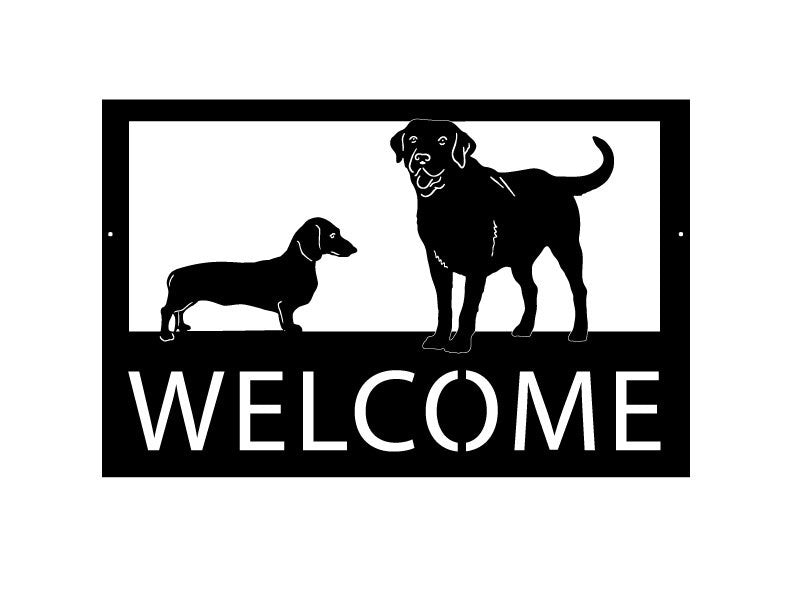 Pet welcome sign personalized by Rustica Ornamentals, black sign with two dogs and WELCOME on Tampa Home & Garden Store