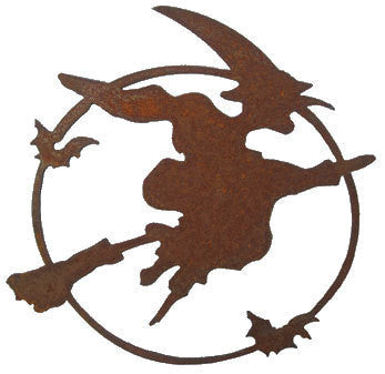 Scary Flying Witch wall decor, rustic metal silhouette on a broom with bats, Rustica Ornamentals on Tampa Home & Garden Store