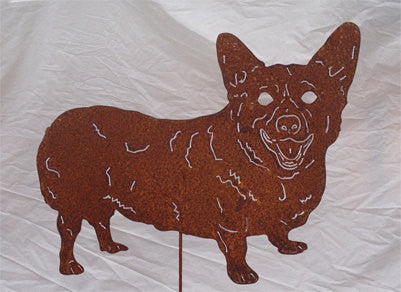 Corgi Welsh garden stake silhouette in rust metal by Rustica Ornamentals, lawn ornament on Tampa Home & Garden Store
