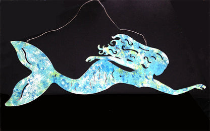 Mermaid garden wall art silhouette in blue aqua metal for lawn decor on Tampa Home & Garden Store