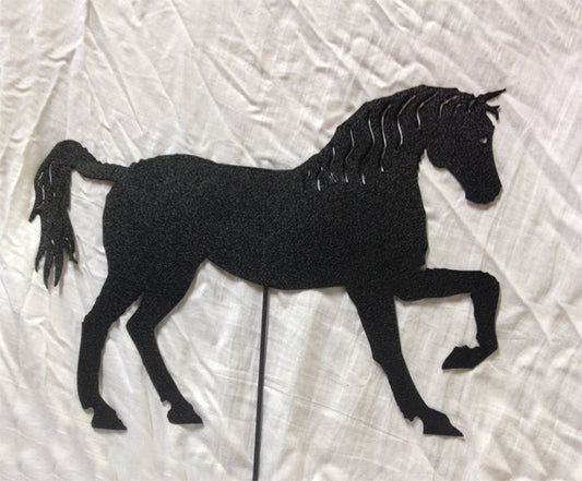 Horse garden stake silhouette in black metal by Rustica Ornamentals for yard or wall display on Tampa Home & Garden Store