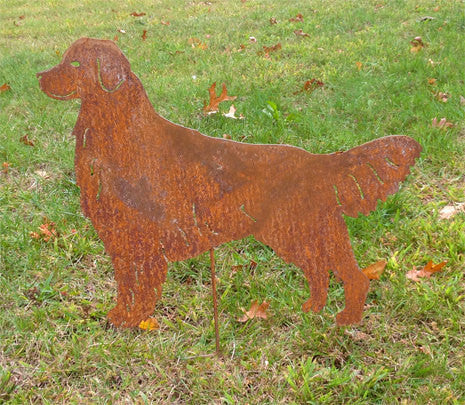 Golden Retriever statue lawn ornament, rusted metal silhouette on stake by Rustica Ornamentals on Tampa Home & Garden Store