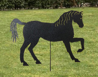 Horse garden stake silhouette in black with yellow mane accents, Rustica Ornamentals art on Tampa Home & Garden Store