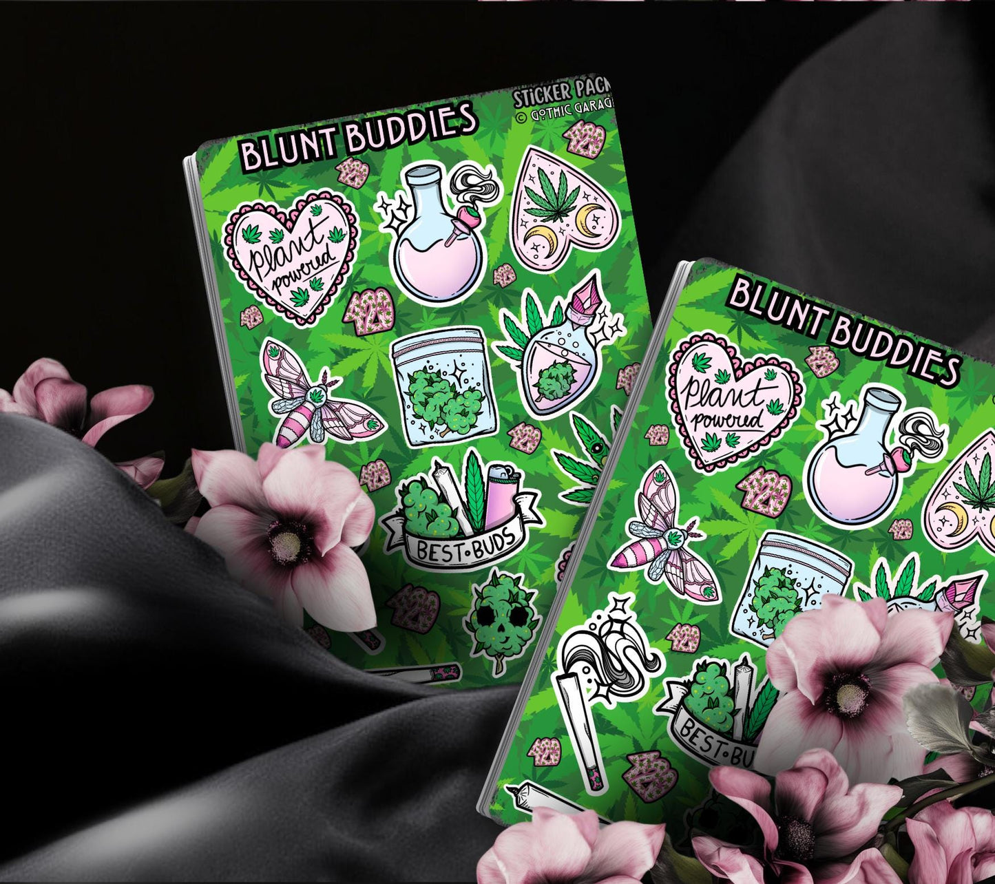 Planche d'autocollants Gothic Marijuana Blunt Buddies – Quand le fun rencontre l'énergie végétale ! – Parfait pour le scrapbooking et les collections