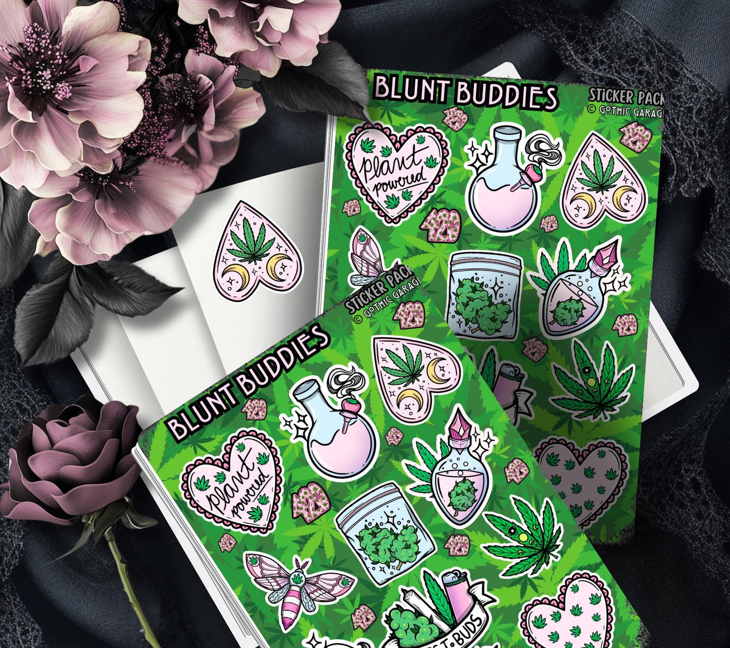 Planche d'autocollants Gothic Marijuana Blunt Buddies – Quand le fun rencontre l'énergie végétale ! – Parfait pour le scrapbooking et les collections