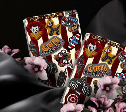 Hoja de pegatinas de carnaval espeluznante: estética de payaso de circo de terror. Perfecta para crear álbumes de recortes, coleccionar o exhibir.