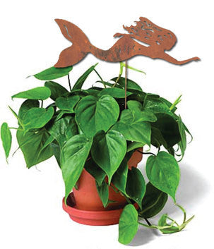 Mermaid Plant Stake with rust metal silhouette over pothos in red pot by Rustica Ornamentals on Tampa Home & Garden Store