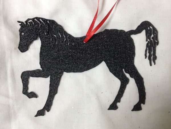 Horse plant stake ornament, glittery black silhouette with red ribbon, Rustica Ornamentals on Tampa Home & Garden Store