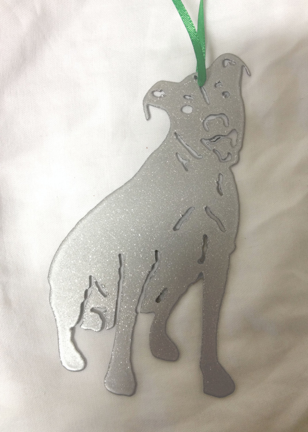 Pit Bull Plant Stake with green ribbon and silver glitter metal finish Rustica Ornamentals on Tampa Home & Garden Store