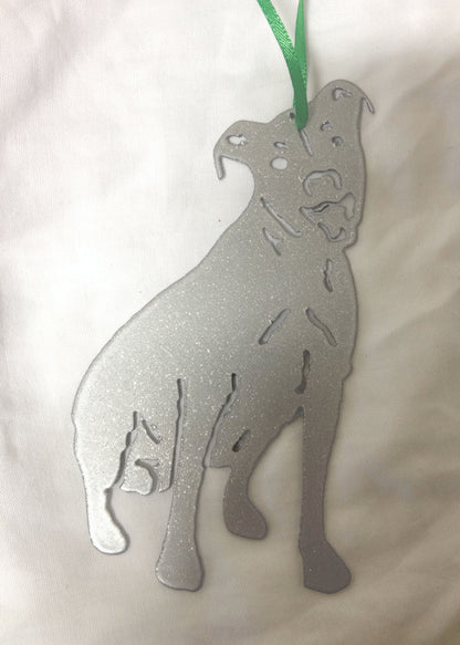 Pit Bull Plant Stake with green ribbon and silver glitter metal finish Rustica Ornamentals on Tampa Home & Garden Store