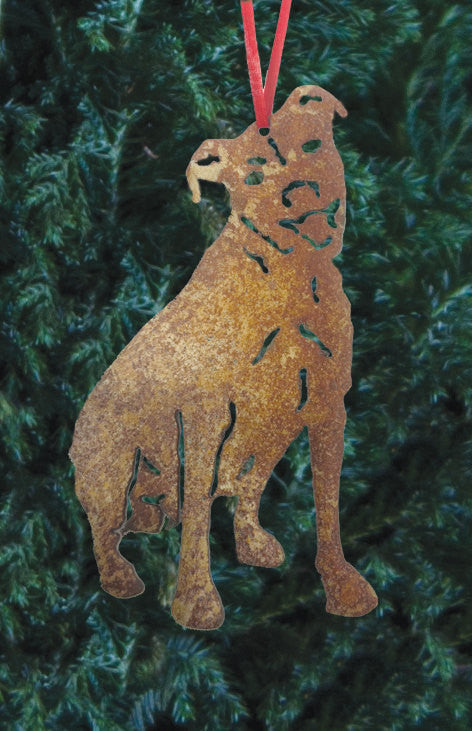 Rustica Ornamentals Pit Bull Plant Stake style 1, rusted metal dog silhouette with red ribbon on Tampa Home & Garden Store