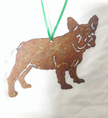 French Bulldog Plant Stake rust metal garden art with green ribbon Rustica Ornamentals on Tampa Home & Garden Store