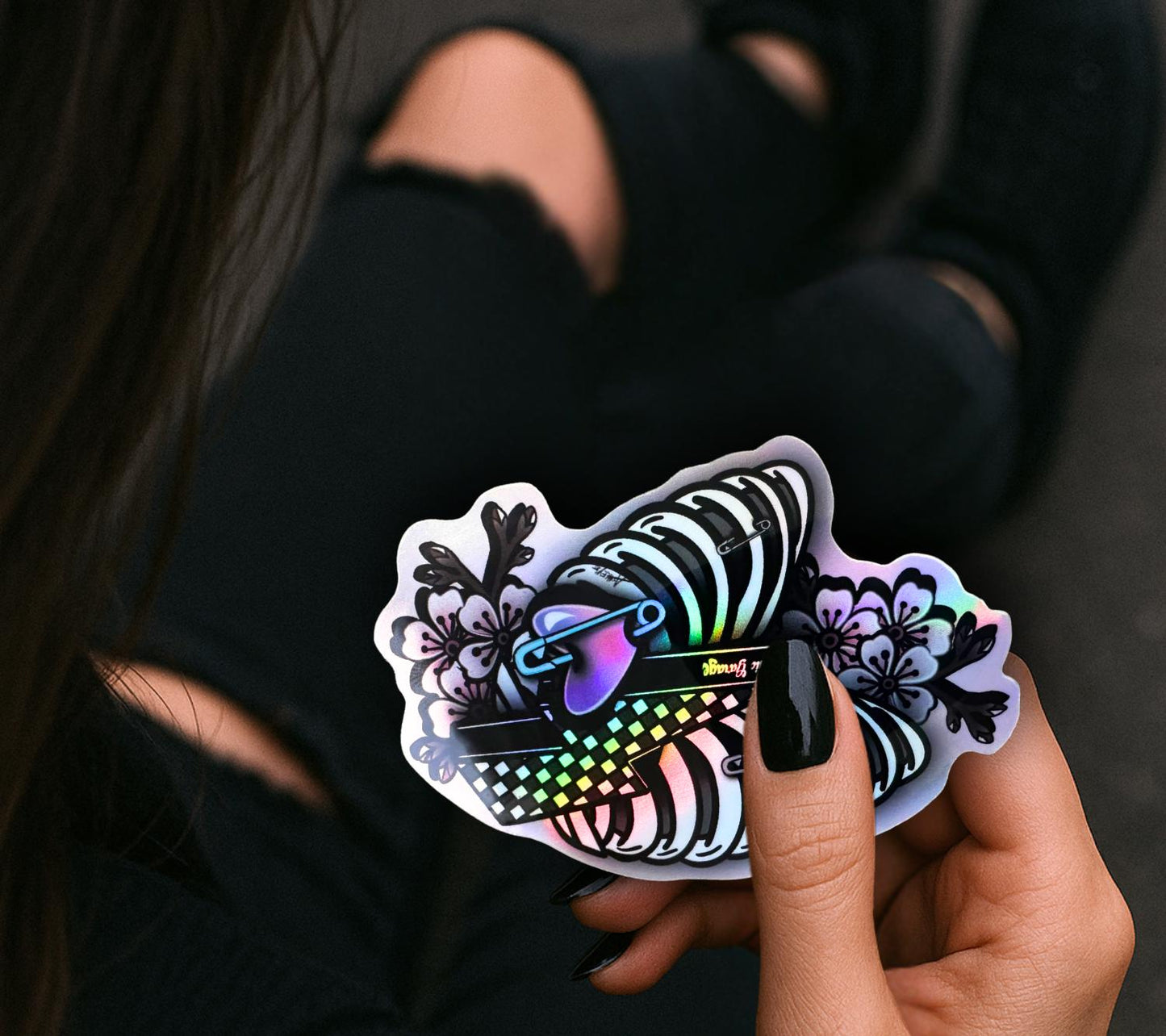Pegatina de esqueleto punk para caja torácica: flores de cerezo, estilo gótico, resistente al agua