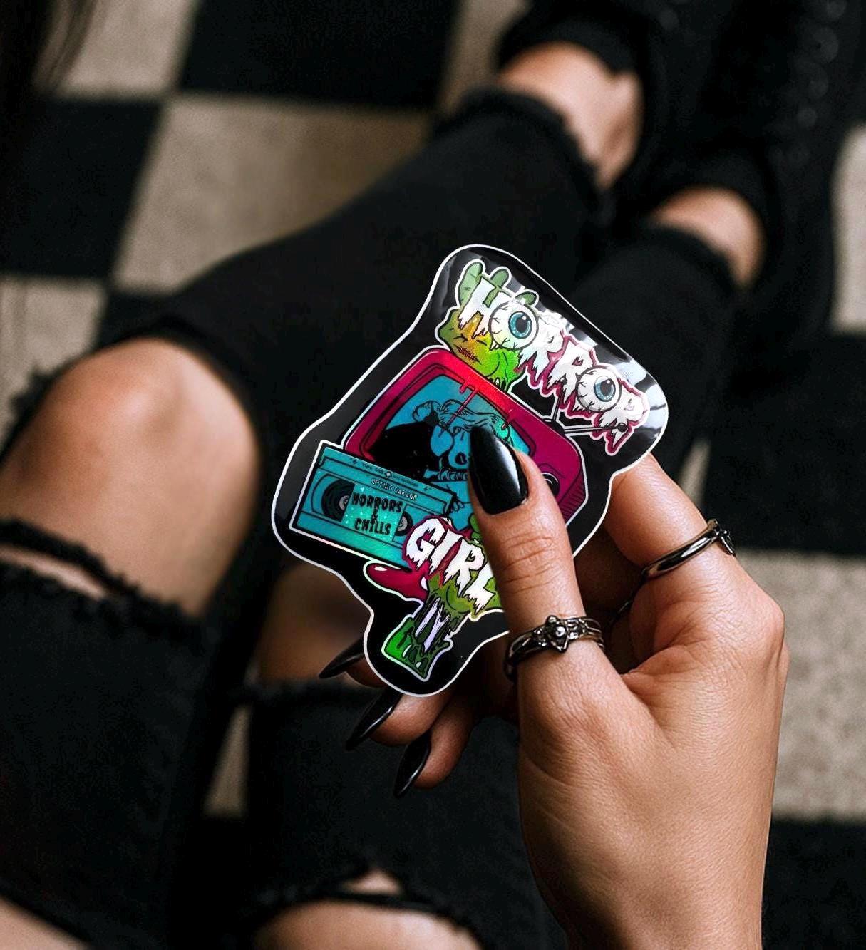 Retro Horror Girl Waterproof Sticker – Vintage Gothic TV Design