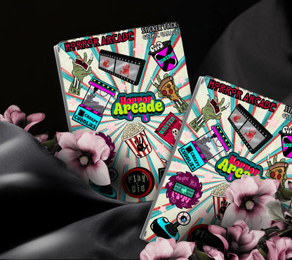 Hoja de pegatinas de juegos de terror: fichas espeluznantes, juegos embrujados y un montón de sangre retro