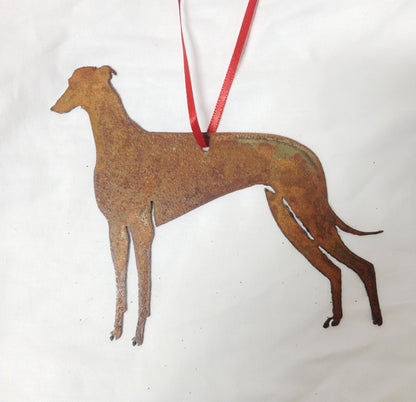 Greyhound plant stake Rustica Ornamentals metal silhouette with rusty finish and red ribbon on Tampa Home & Garden Store