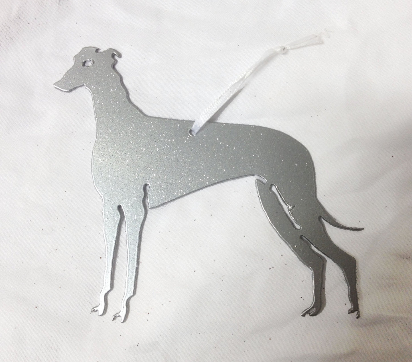 Greyhound plant stake by Rustica Ornamentals, silver glitter finish with ribbon hanger on Tampa Home & Garden Store