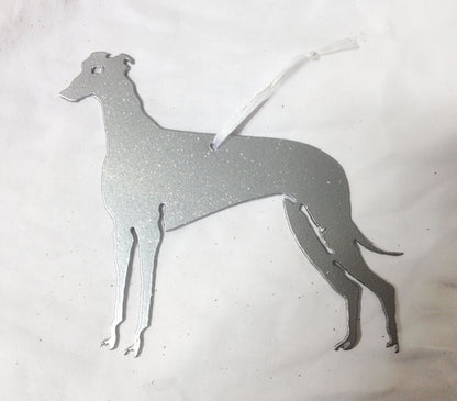 Greyhound plant stake by Rustica Ornamentals, silver glitter finish with ribbon hanger on Tampa Home & Garden Store