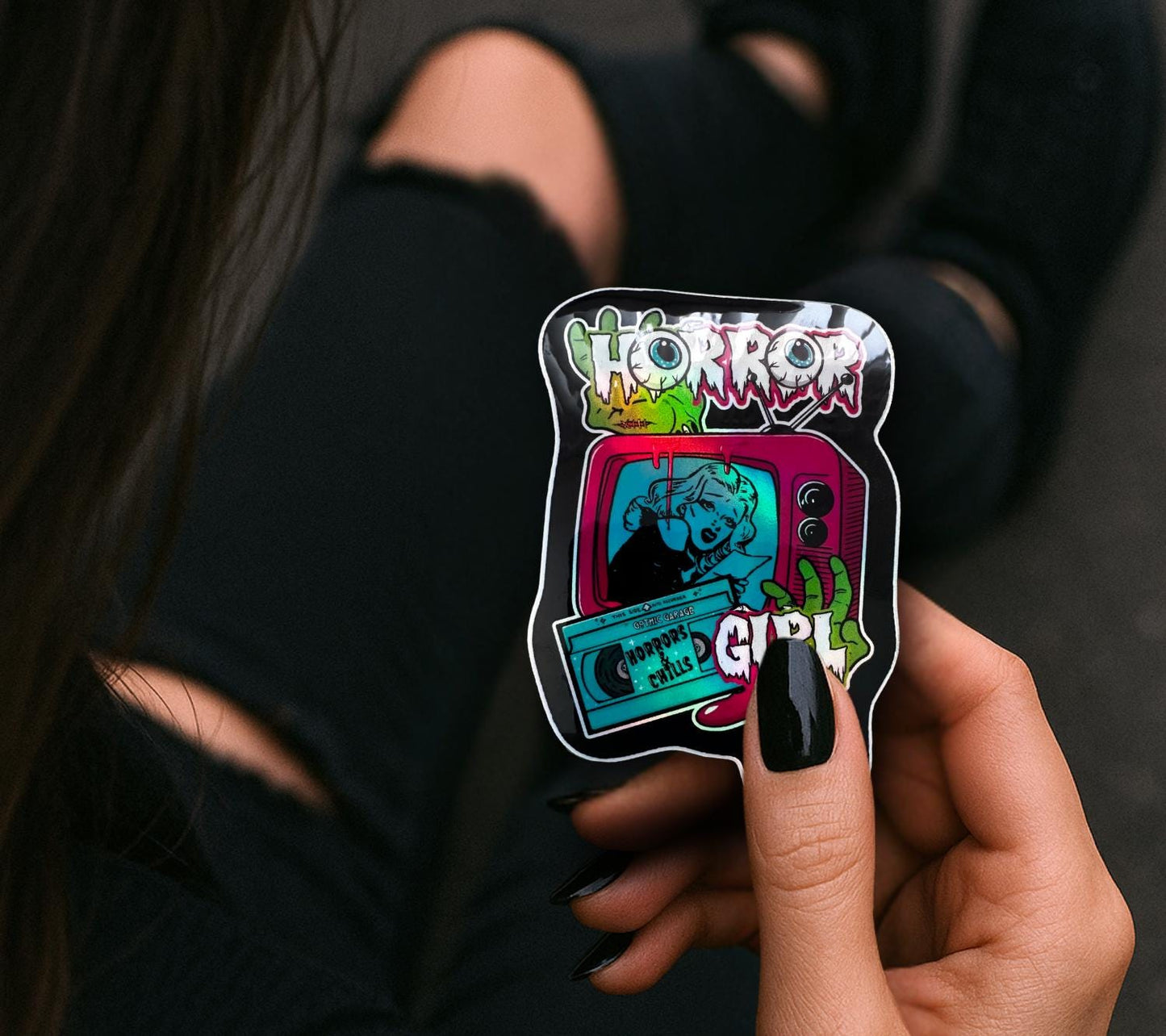Retro Horror Girl Waterproof Sticker – Vintage Gothic TV Design