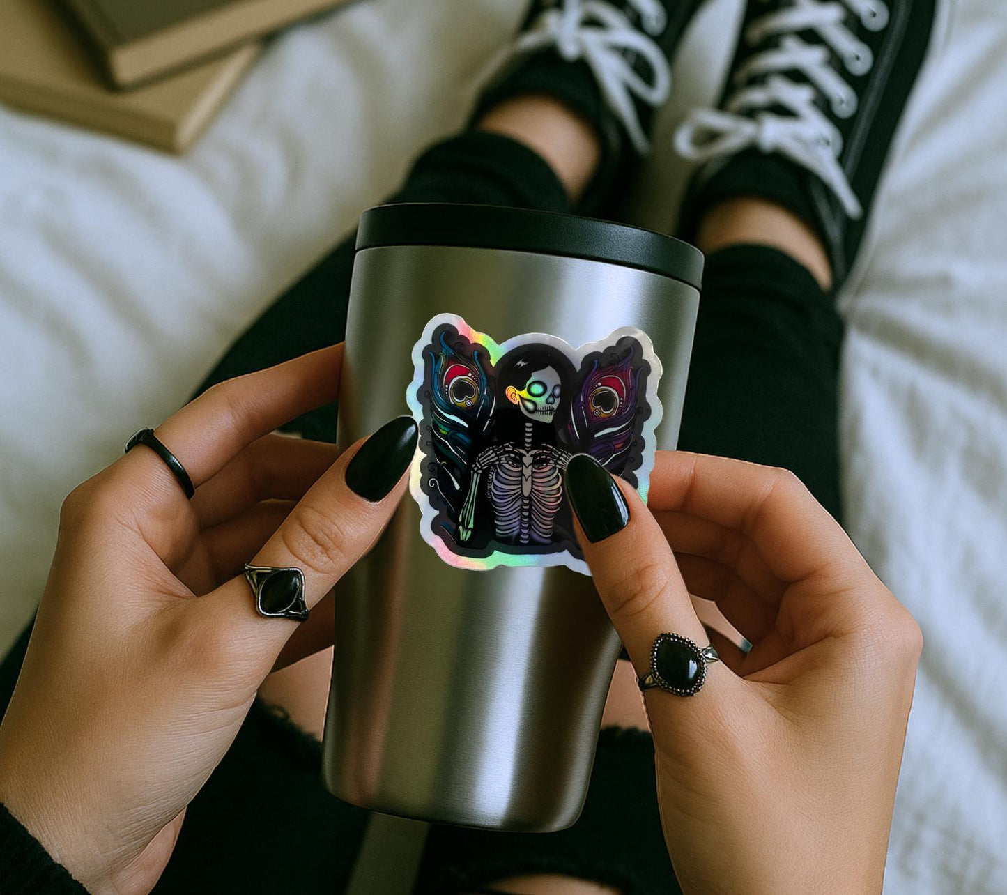 Skeleton Peacock Angel Sticker: Gothic Waterproof Vinyl Decal