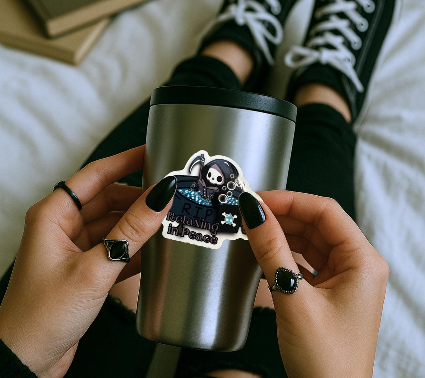 RIP Grim Reaper Waterproof Sticker: Gothic Humor, Glossy or Holographic