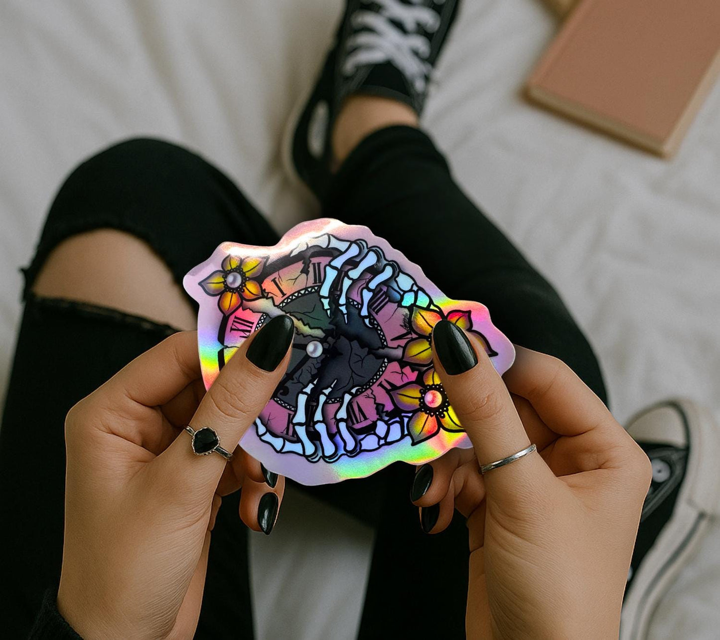 Broken Skeleton Clock Die Cut Waterproof Sticker—Timeless beauty with a gothic twist!