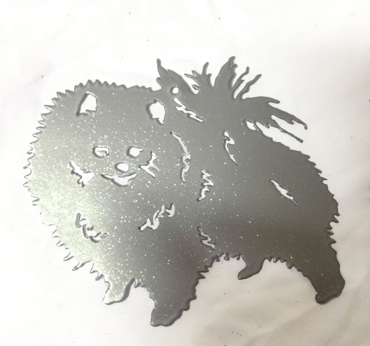 Pomeranian plant stake metal silhouette with spiky fur detailing Rustica Ornamentals on Tampa Home & Garden Store