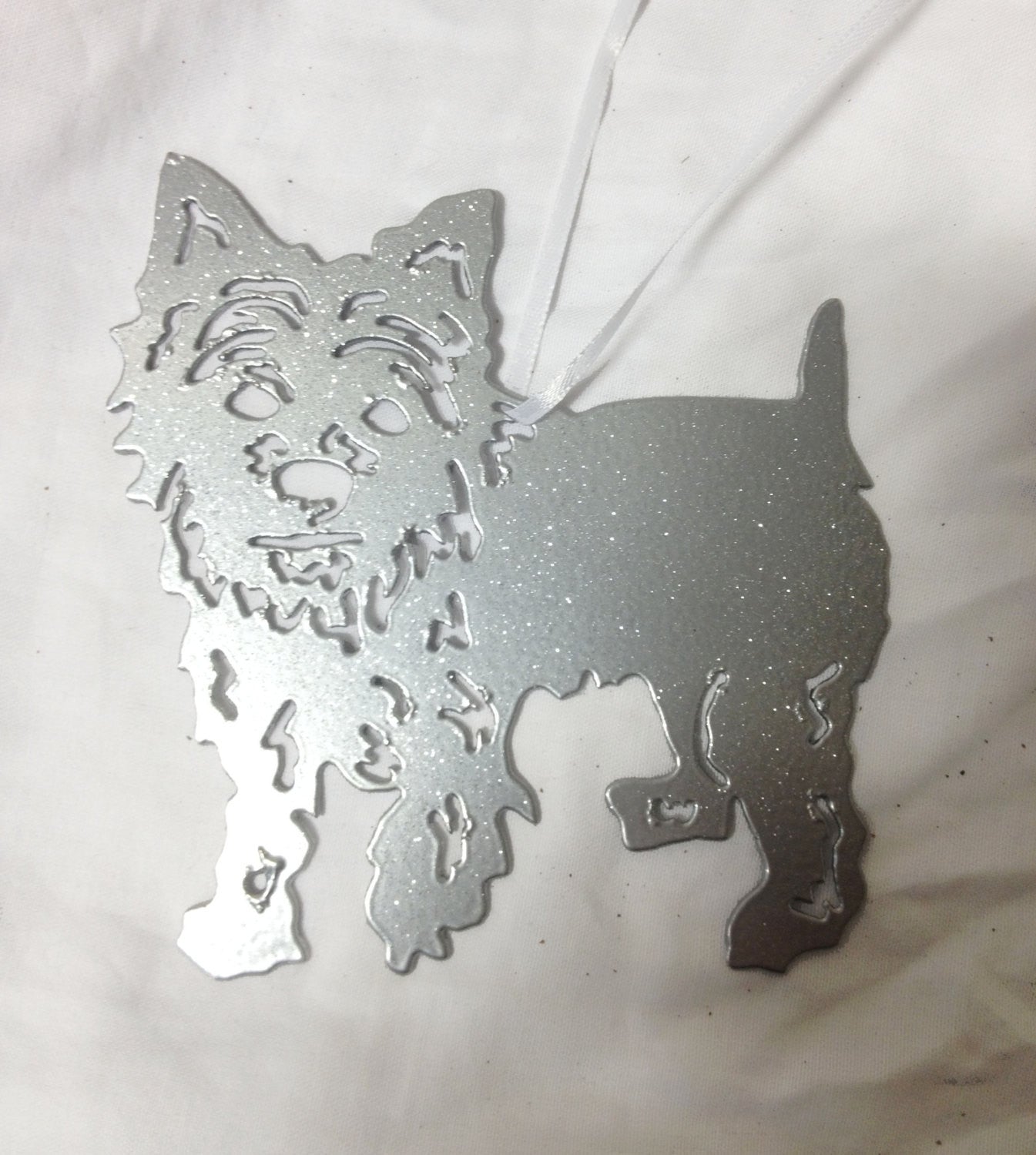 Yorkshire Terrier Plant Stake silver glitter metal silhouette with ribbon hanger on Tampa Home & Garden Store