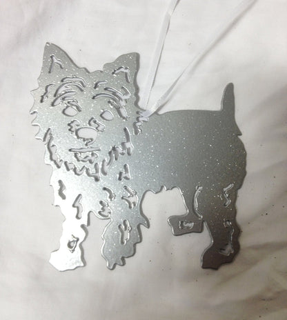 Yorkshire Terrier Plant Stake silver glitter metal silhouette with ribbon hanger on Tampa Home & Garden Store