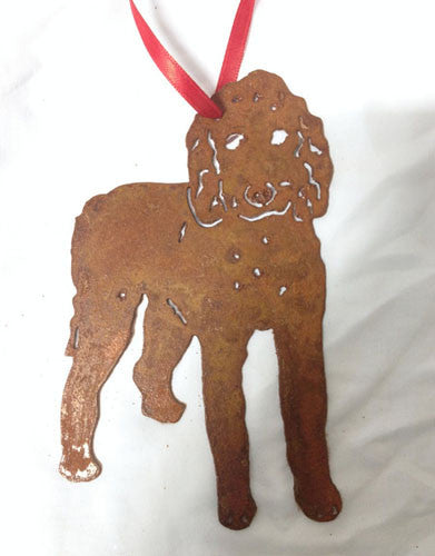 Goldendoodle plant stake by Rustica Ornamentals rusted metal dog silhouette with red ribbon on Tampa Home & Garden Store