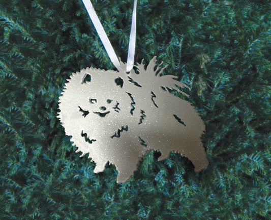 Pomeranian plant stake gold metal decor by Rustica Ornamentals with a fluffy silhouette and white ribbon on Tampa Home & Garden Store