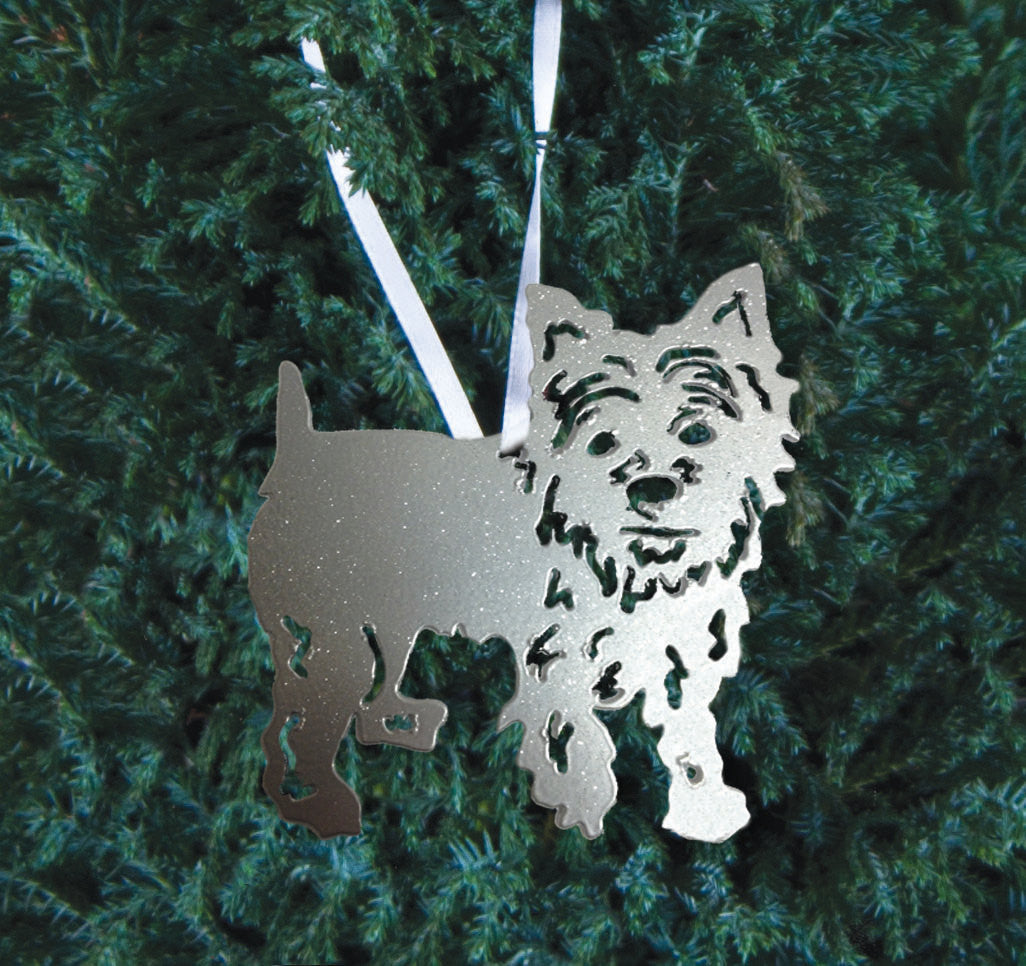 Yorkshire Terrier plant stake ornament in metallic silver with glitter by Rustica Ornamentals on Tampa Home & Garden Store