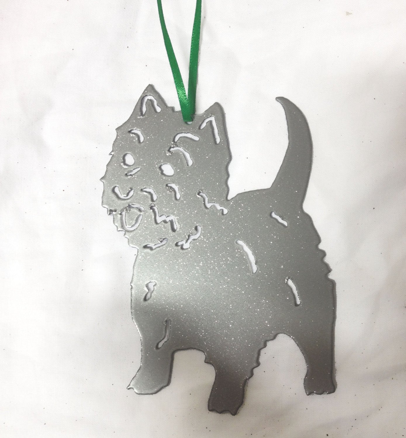 West Highland Terrier plant stake ornament in silver metal with glitter and green ribbon on Tampa Home & Garden Store