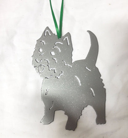 West Highland Terrier plant stake ornament in silver metal with glitter and green ribbon on Tampa Home & Garden Store