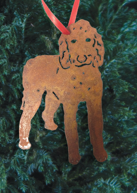 Goldendoodle plant stake rusted metal ornament with red ribbon on Tampa Home & Garden Store
