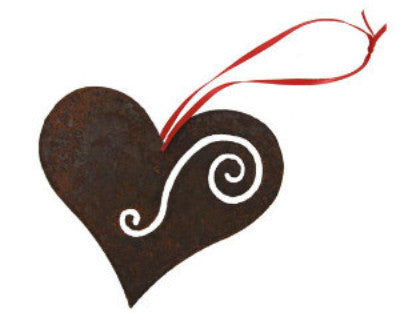 Hanging heart ornament in rustic metal with white swirl and red ribbon by Rustica Ornamentals on Tampa Home & Garden Store