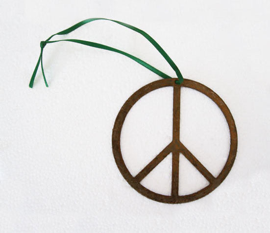 Peace Sign Ornament Plant Stake in rust metal with green ribbon Rustica Ornamentals on Tampa Home & Garden Store