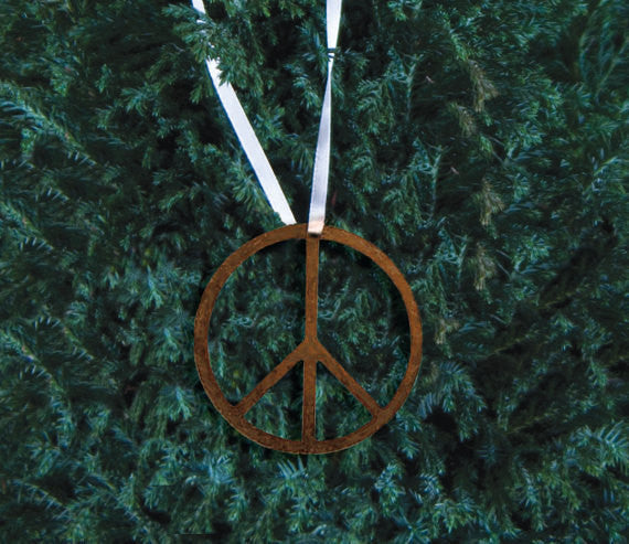 Peace Sign Metal Ornament rust brown with white ribbon by Rustica Ornamentals on Tampa Home & Garden Store