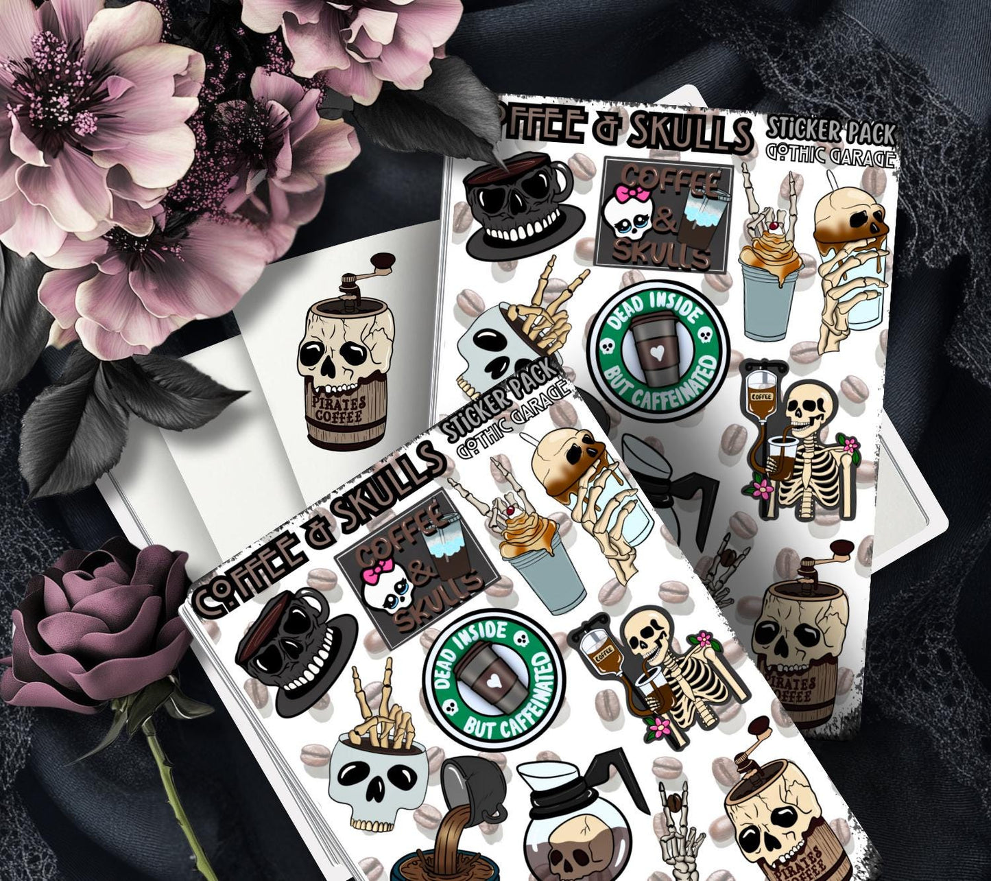 Café y Calaveras – Hoja de pegatinas góticas de esqueletos de café: perfecta para los amantes del café